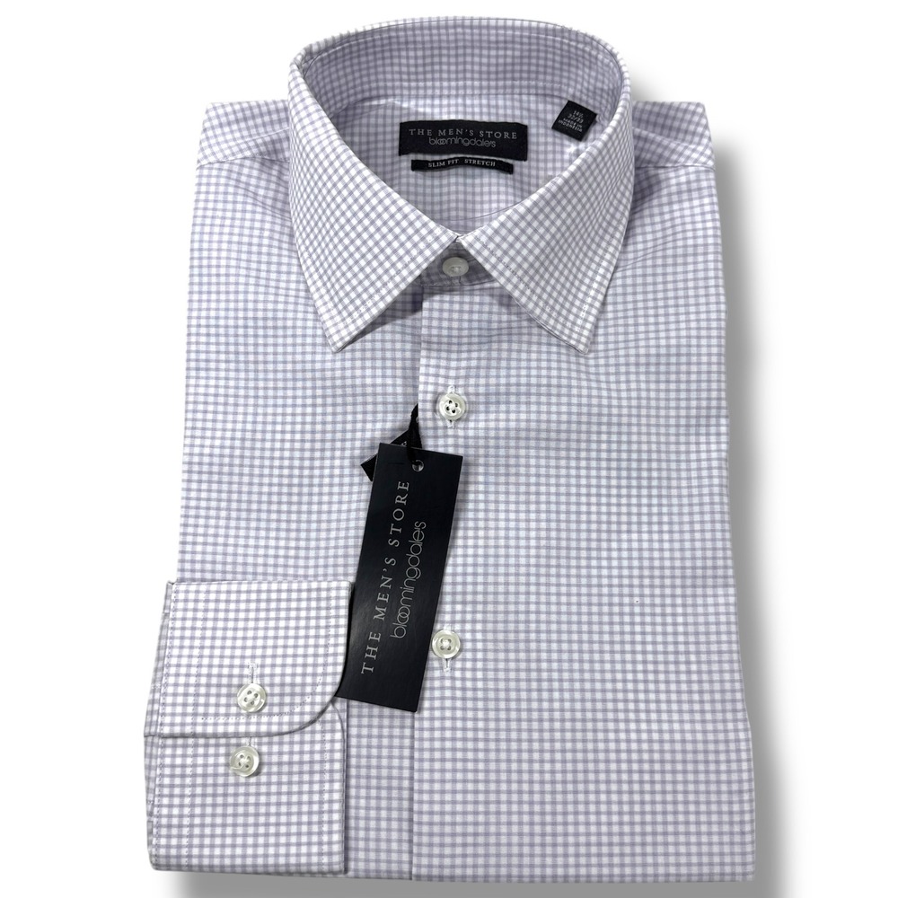 The‎ Mens Store Dress Shirt Size 14.5 32/33 Slim Fit Stretch Purple Gingham